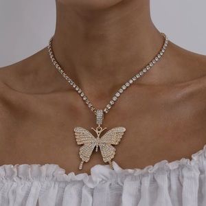 Hip Hop Gold Rhinestone Butterfly Tennis Necklace